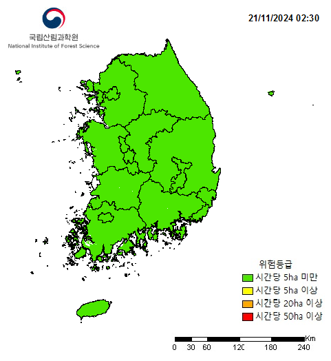 위험등급 시간당 5ha 미만 시간당 5ha 이상 시간당 20ha 이상 시간당 50ha 이상 범례에 대한 산불확산지수 분석지도