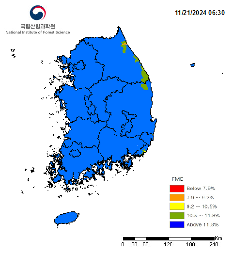 FMC Below 7.9% 7.9~9.2% 9.2~10.5% 10.5~11.8% Above 11.8% 범례에 대한 산림연료습도 분석지도