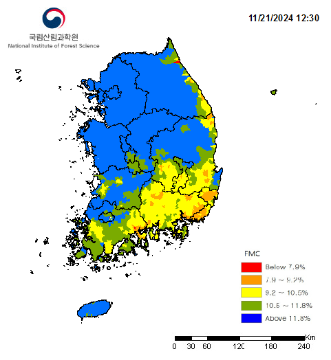 FMC Below 7.9% 7.9~9.2% 9.2~10.5% 10.5~11.8% Above 11.8% 범례에 대한 산림연료습도 분석지도