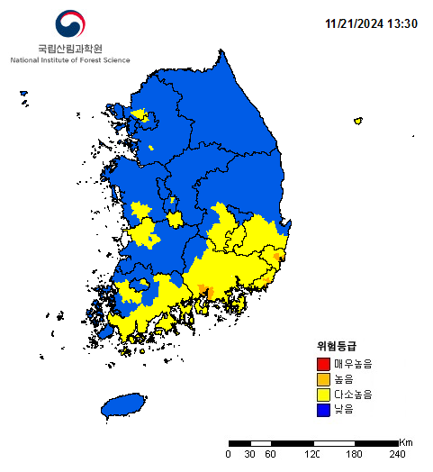 위험등급 낮음 다소높음 높음 매우높음 범례의 현재 등급 산불예보등급분포도