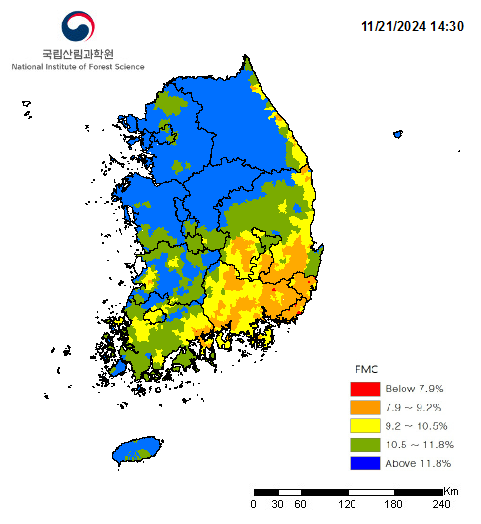 FMC Below 7.9% 7.9~9.2% 9.2~10.5% 10.5~11.8% Above 11.8% 범례에 대한 산림연료습도 분석지도