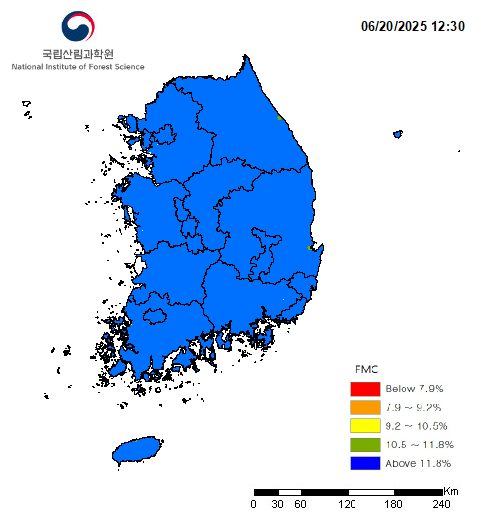 FMC Below 7.9% 7.9~9.2% 9.2~10.5% 10.5~11.8% Above 11.8% 범례에 대한 산림연료습도 분석지도