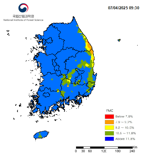 FMC Below 7.9% 7.9~9.2% 9.2~10.5% 10.5~11.8% Above 11.8% 범례에 대한 산림연료습도 분석지도