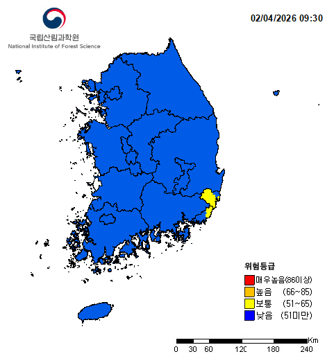 행정구역 시군구 단위의 산불위험예보 분포도이미지
